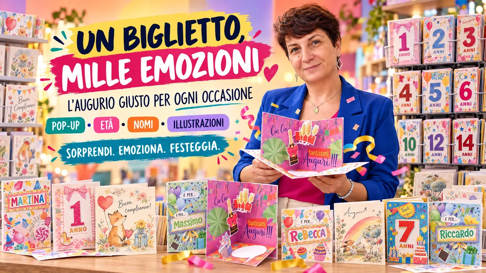 Biglietti d'auguri di compleanno pop-up, con età, nomi e illustrazioni