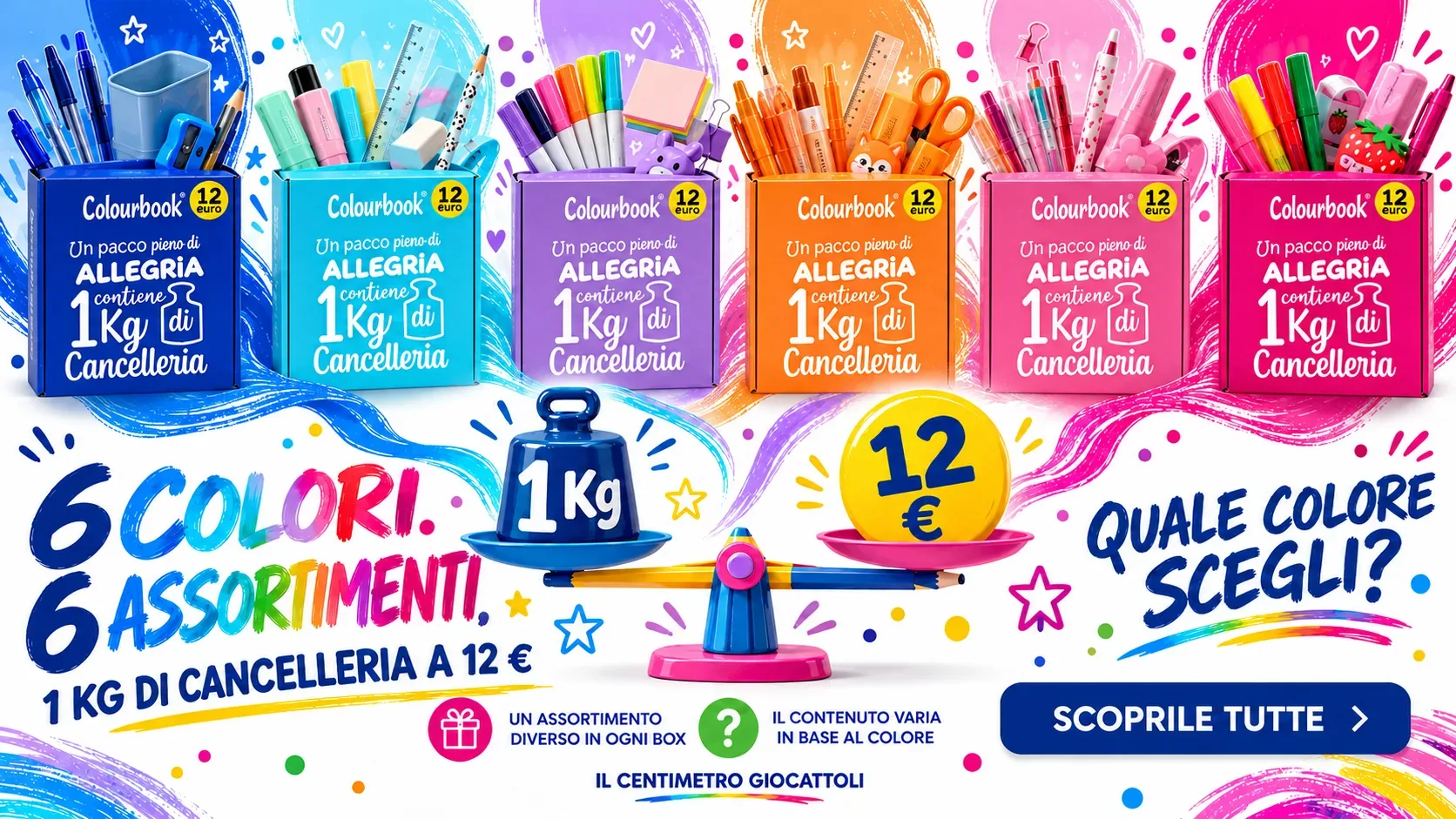 Box sorpresa Colourbook da 1 kg di cancelleria in sei colori