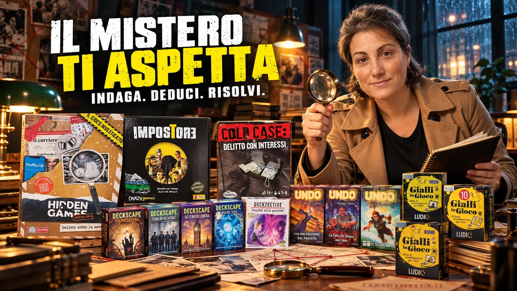 Giochi investigativi Deckscape, UNDO, Cold Case, Impostore, Hidden Games e Gialli in Gioco