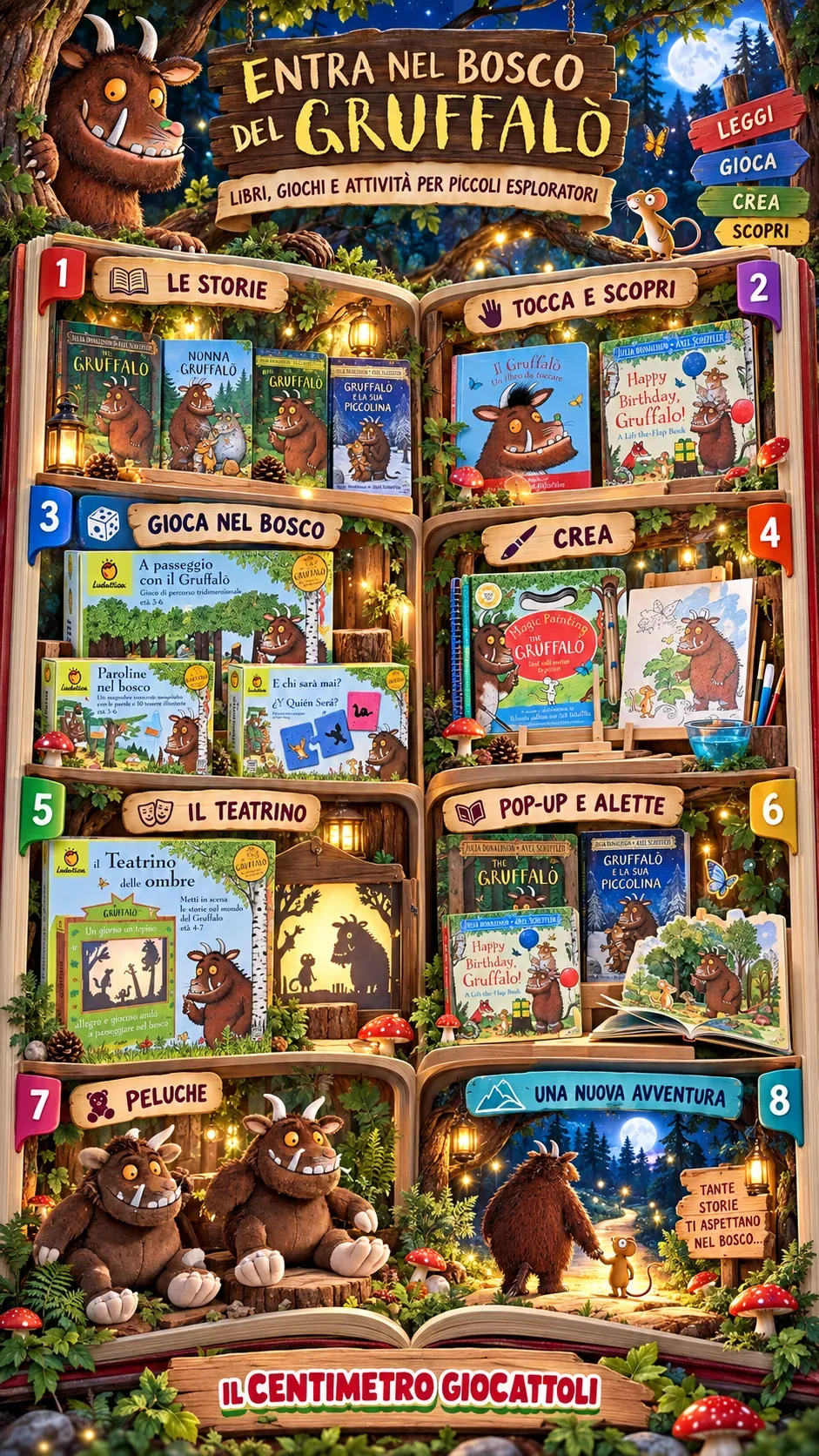 Libri, giochi Ludattica, teatrino delle ombre e peluche del Gruffalò