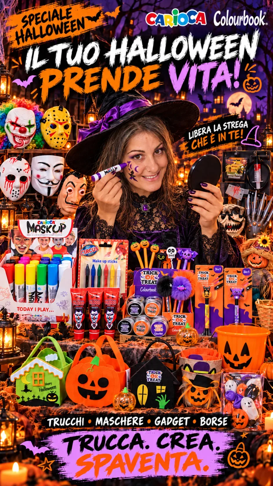 Trucchi Carioca Mask Up, maschere, borse a zucca e gadget di Halloween Colourbook