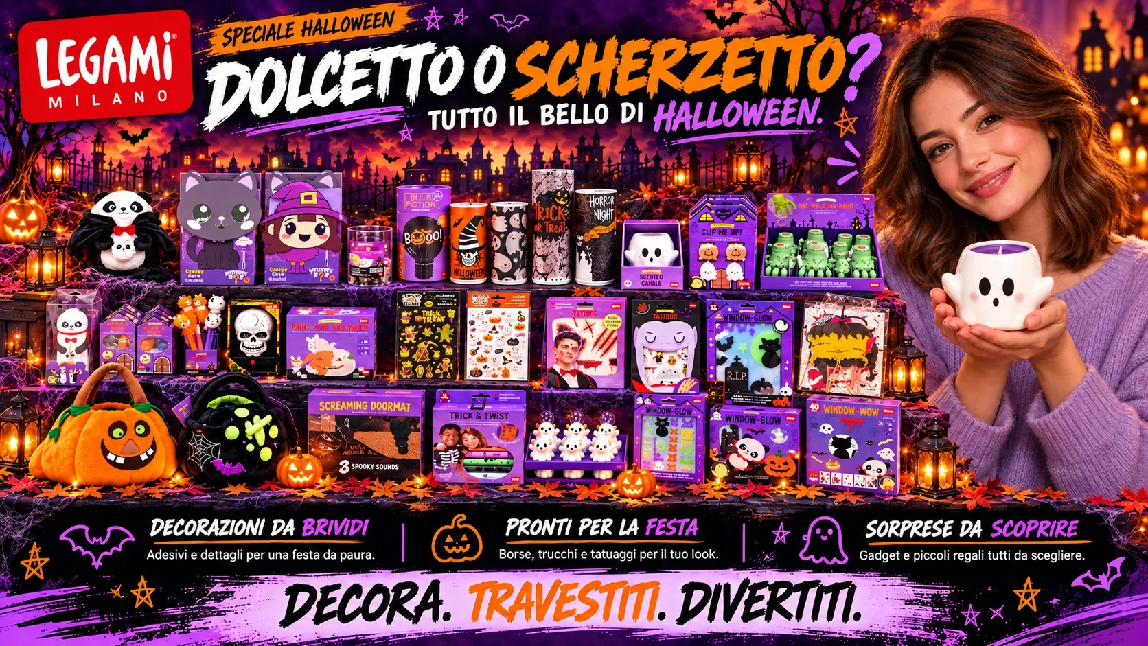Decorazioni, tatuaggi, adesivi, candele e gadget di Halloween Legami