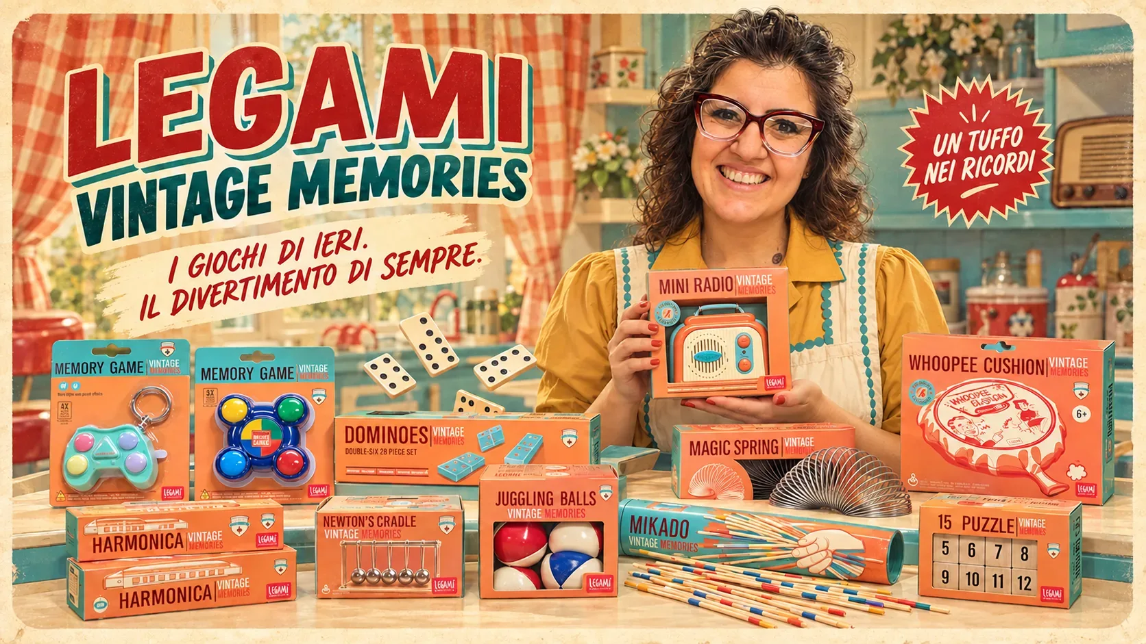 Linea Legami Vintage Memories con giochi retrò: domino, mikado, molla magica e altri