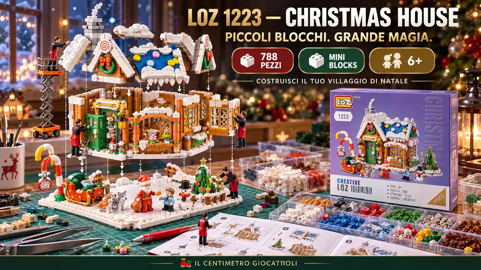 Set LOZ 1223 Christmas House a mini mattoncini con casetta innevata e Babbo Natale