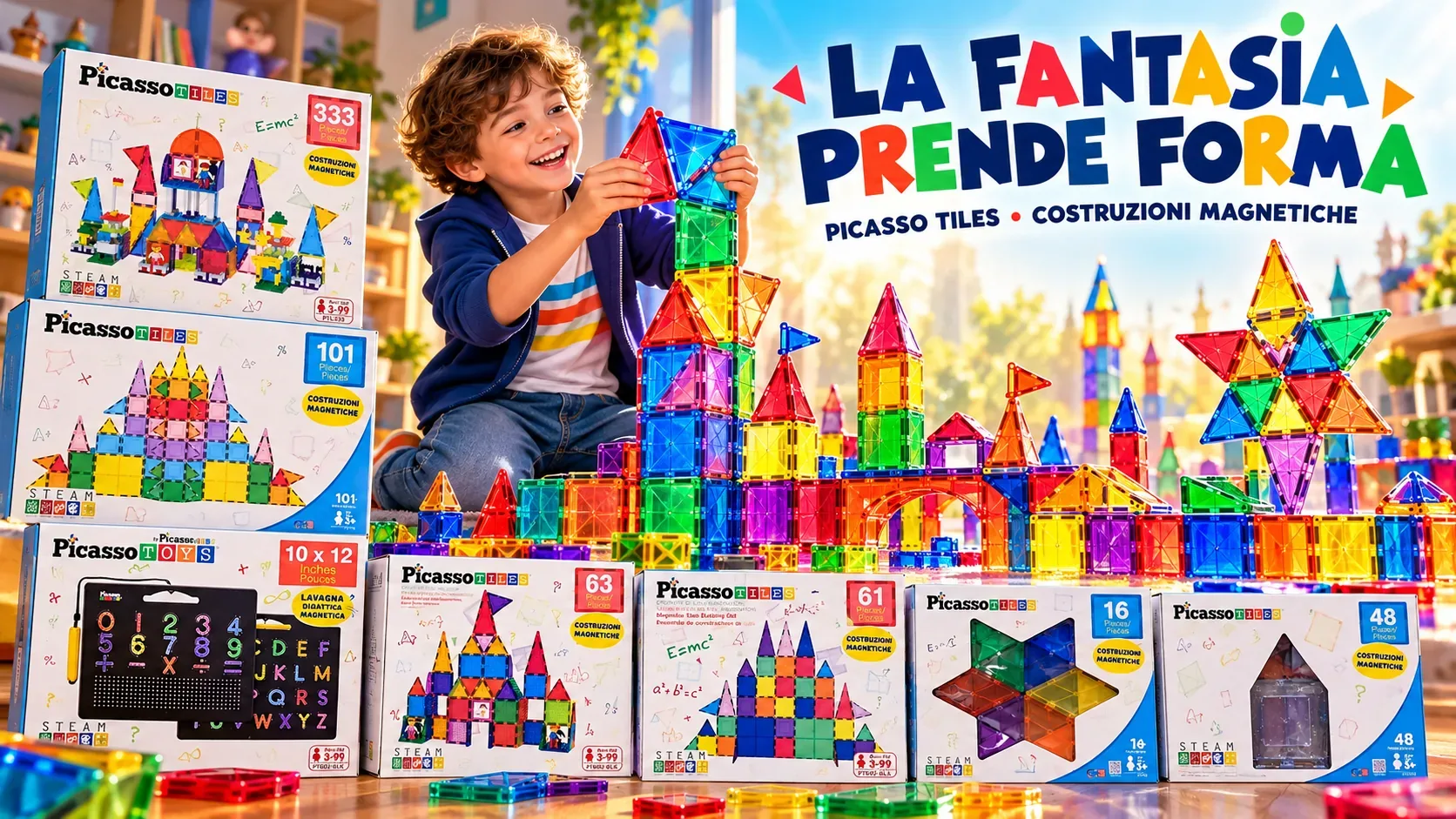 Set di costruzioni magnetiche Picasso Tiles con bambino che costruisce un castello colorato
