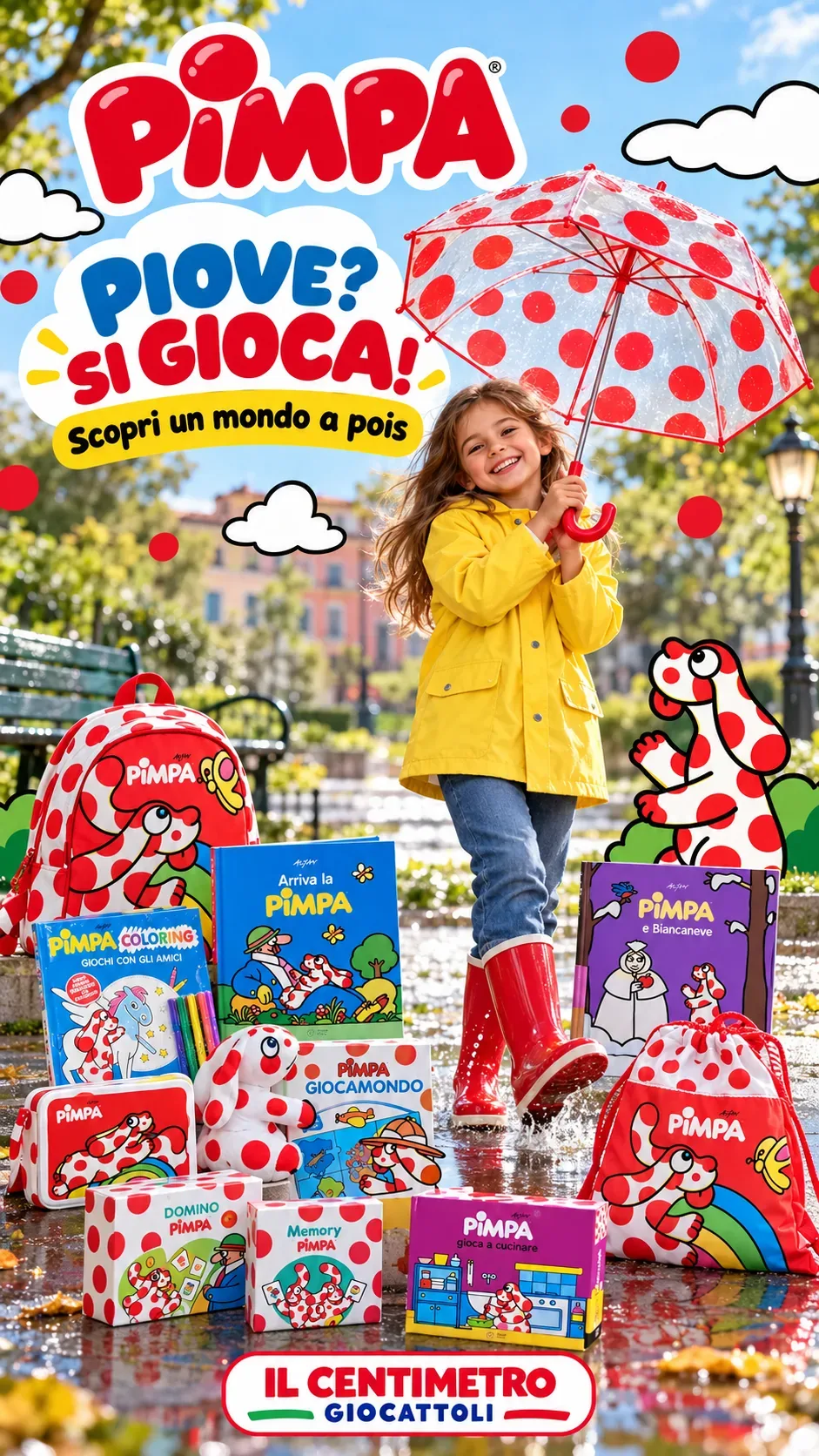 Prodotti Pimpa: zainetto, libri, peluche, giochi Domino e Memory