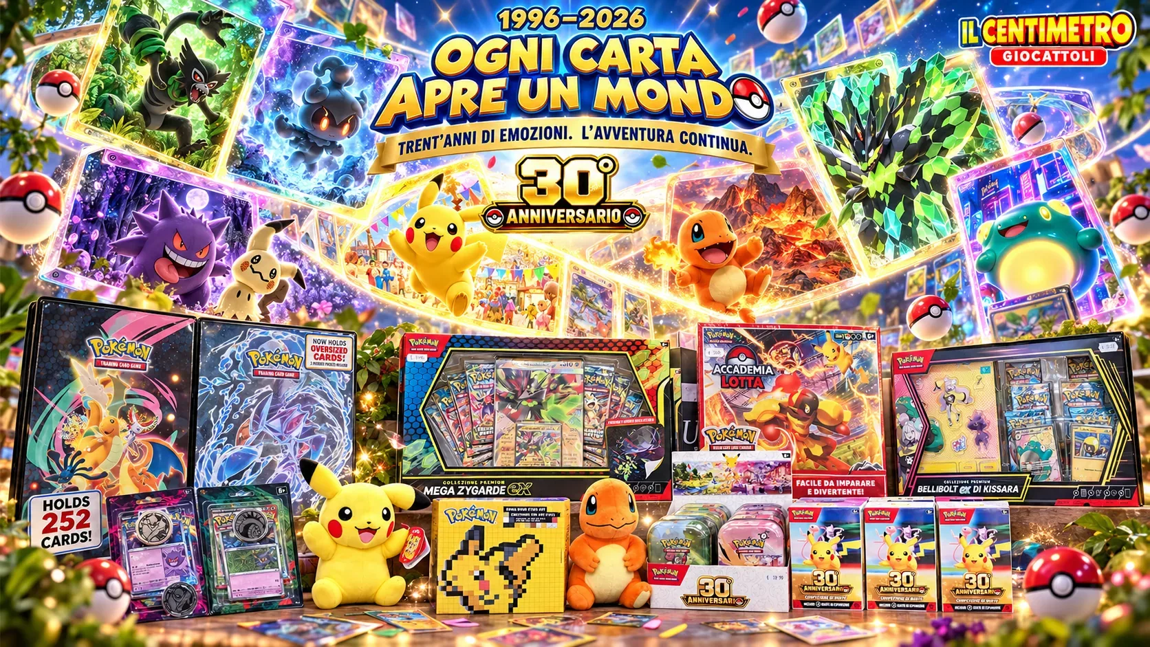 Carte Pokémon del 30° anniversario, collezioni premium, raccoglitori e peluche di Pikachu e Charmander