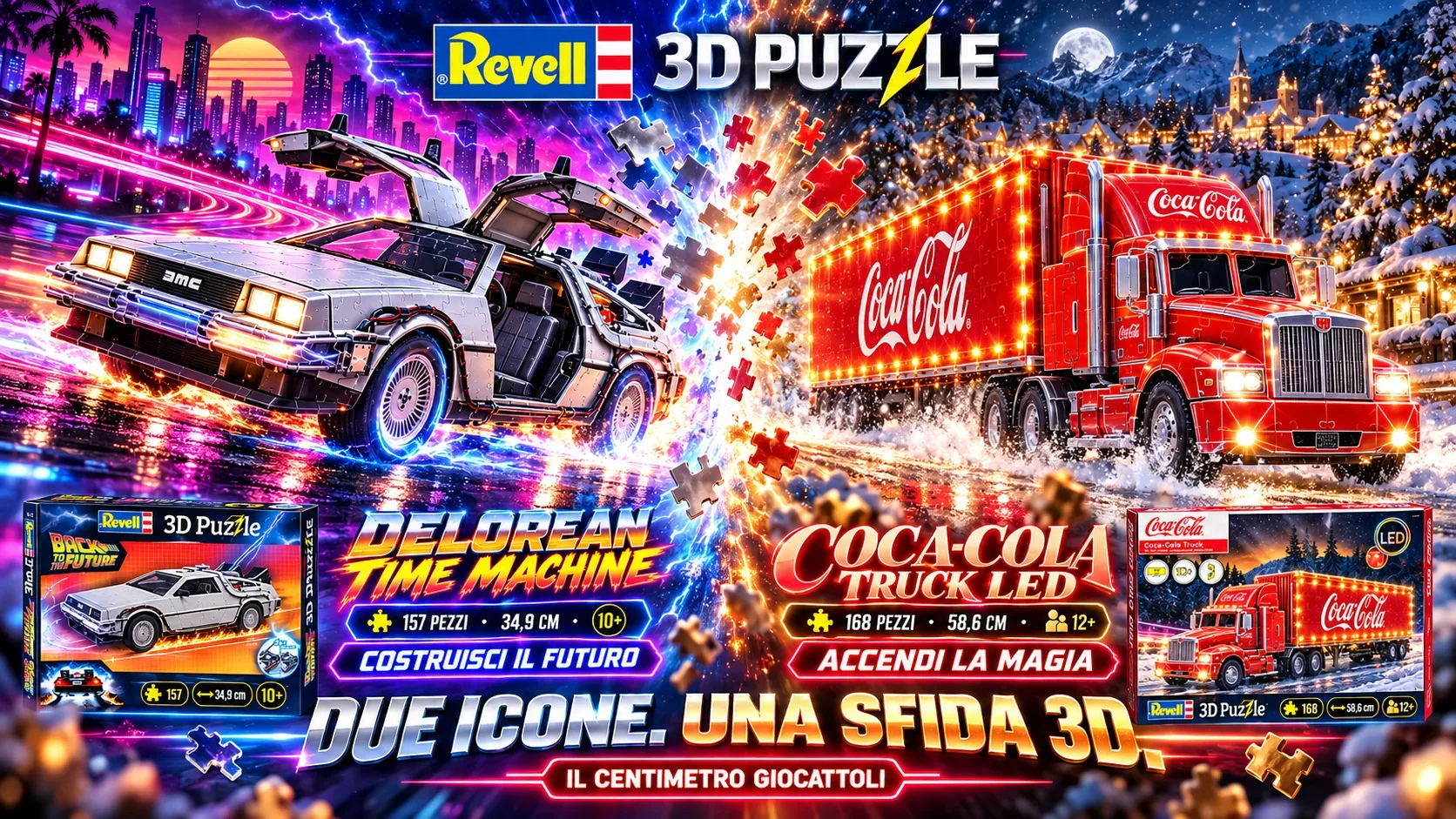 Puzzle 3D Revell della DeLorean di Ritorno al Futuro e del camion Coca-Cola con LED