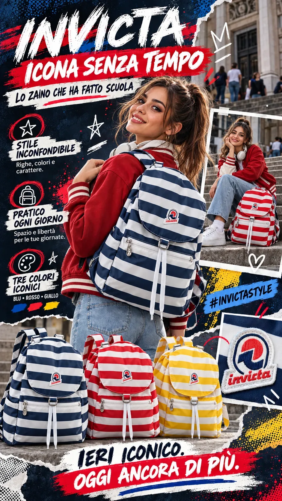 Zaini Invicta a righe nei colori blu, rosso e giallo